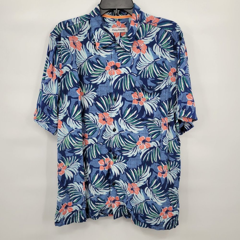 Tommy Bahama Men Blue Floral Tropical Short Sleeve Button Up Shirt Top Size L